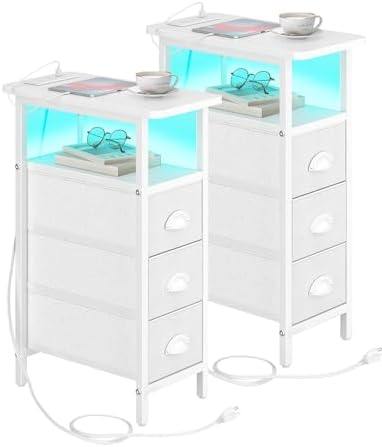shtmec Narrow End Table Set of 2 with Charging Station, LED Side Tables Set 2 with Fabric Drawers, Small Bedside Tables Nightstands for Small Space, Slim Sofa Couch Table for Livingroom, White