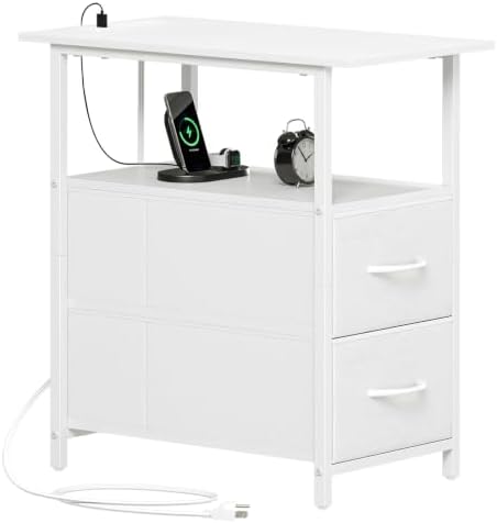 Somdot Narrow End Table with Charging Station, 2 Drawers, Slim Side Table
