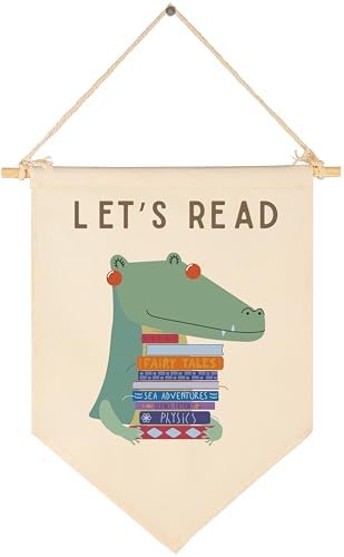 Let's Read-Cute Crocodile Wall Decor Gift for Baby Boys Girls Kids-Canvas Hanging Flag Pennant Banner Wall Decor Gift for Classroom Nursery Homeschool Baby Room Playroom Reading Room Bedroom