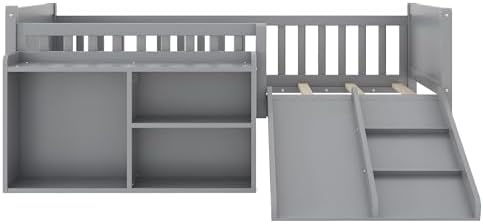 SOFTSEA Twin Size Low Loft Bed with Slide, Wood Loft Bed Frame with Storage Shelves and Guardrails for Kids, Gray