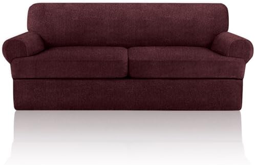 3 Pieces Sofa Covers fot T Cushion Loveseat Slipcover, Sofa Stretch Slip Covers for 2 Cushion Couch with 2 Individual T Shape Seat Covers (Burgundy, 2 Cushion)