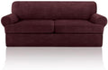 3 Pieces Sofa Covers fot T Cushion Loveseat Slipcover, Sofa Stretch Slip Covers for 2 Cushion Couch with 2 Individual T Shape Seat Covers (Burgundy, 2 Cushion)