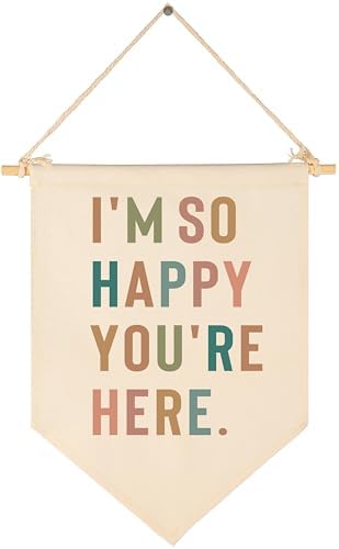 Classroom Wall Banner Decor-Teacher Gift-Welcome Banner-Inspirational Back to School Wall Flag-I'm So Happy You're Here-Positive Teacher Office Quote-Hanging Canvas Pennant Sign for Classroom Office