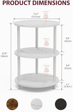 XBurmo Small Round End Table - 3 Tier Design Accent Table, Narrow Side or Bedside Stand, Industrial Vintage Nightstand for Bedroom, Living Room, or Small Spaces, Set of 2, Marble White