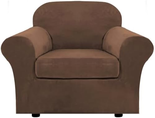 H.VERSAILTEX Rich Velvet Stretch 2 Piece Cover Chair Slipcover Sofa Cover Furniture Protector Couch Soft with Elastic Bottom Chair Couch Cover with Arms Width Up to 49 Inch(Chair, Caramel Cafe)