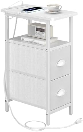 sthmec Narrow End Table with Charging Station, Narrow Side Table with 2 Fabric Drawers, Slim Nightstand, Skinny Bedside Table, Small Side Table for Small Spaces, Living Room, Bedroom, White