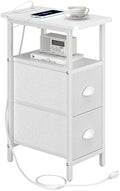 sthmec Narrow End Table with Charging Station, Narrow Side Table with 2 Fabric Drawers, Slim Nightstand, Skinny Bedside Table, Small Side Table for Small Spaces, Living Room, Bedroom, White