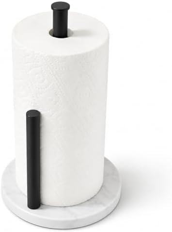 Matte Black Paper Towel Holder for Kitchen Countertop, 304 Stainless Steel Roll Dispenser with White Engineered Marble Weighted Base, Freestanding Paper Towel Stand for Standard Rolls