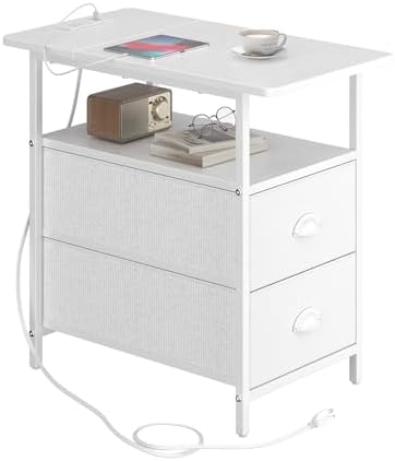 sthmec End Table with Charging Station, Narrow Side Table with 2 Drawers, Nightstands with Drawers, USB Ports & Power Oulets,Slim Sofa Side Tables for Small Spaces,Living Room,Bedroom, White