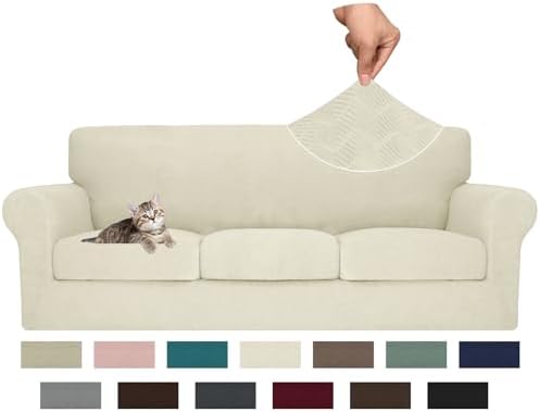 MAXIJIN 4 Piece Couch Covers for 3 Cushion Couch Sofa Covers, Stretch Couch Slipcovers for Sofas with 3 Cushions, Thick 3 Seat Furniture Protector for Dogs Pet (71"-91", Beige)