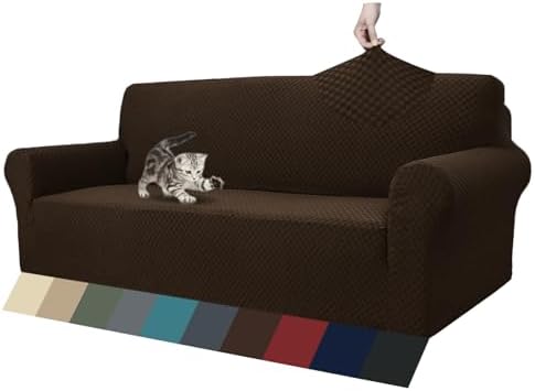 ZNSAYOTX 1 Piece Jacquard Couch Covers for 3 Cushion Couch Living Room High Stretch Sofa Cover Pets Dogs Friendly Anti Slip Thickened Slipcovers Furniture Protector (Sofa, Dark Coffee)
