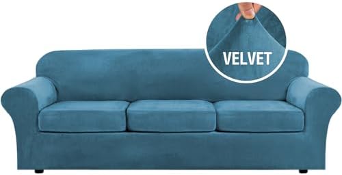 H.VERSAILTEX Velvet 4 Piece High Stretch Sofa Slipcover Cover Furniture Protector Form Fit Thick Velvet Extra Large Sofa Cover for 3 Cushion Couch Width Up to 105 Inch (XL Sofa, Peacock Blue)