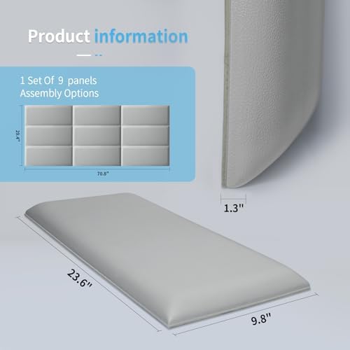 Art3d 9-Pack Peel and Stick Upholstered Headboard, 9.84 x 23.62 in, Grey