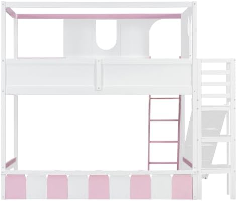 Merax Twin Size Playhouse Bunk Bed with Slide and Storage Shelves, Pink