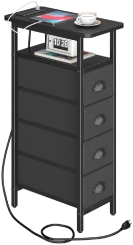 sthmec Side Table with Charging Station, Narrow End Table with 4 Drawers, Small Nightstands with Fabric Drawers,Slim Sofa Couch Side Tables for Small Spaces,Living Room,Bedroom, Black