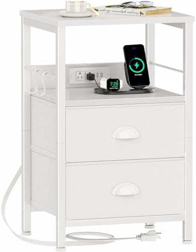 Furologee Night Stand with Charging Station, 2 Fabric Drawers, White