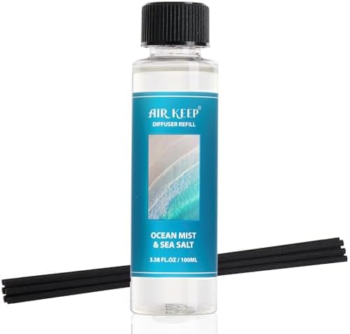 Airkeep Reed Diffuser Set,1.69 fl oz (100 ml) - Ocean Mist&Sea Salt Oil Diffusers with 8 Reed Sticks,Home Fragrance Reed Diffuser for Bathroom Shelf Decor