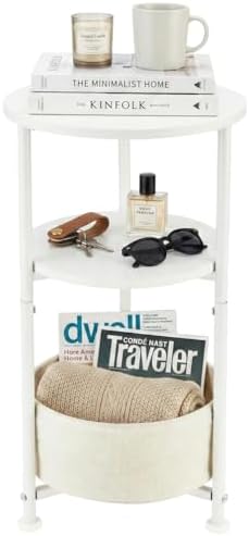 3-Tier Small Round Side Table with Storage Basket, White