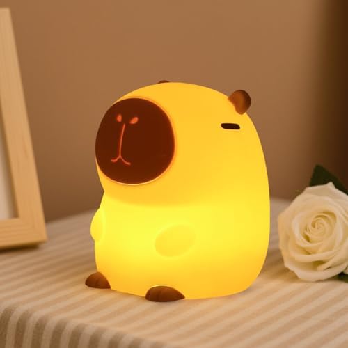 Capybara Night Light for Kids, Cute Squishy Silicone Capybara Lamp, 50-Hour Rechargeable Bedside Light with Tap Control, 2 Brightness Levels, 30-Min Auto-Off Timer, Nursery Room Decor Gift