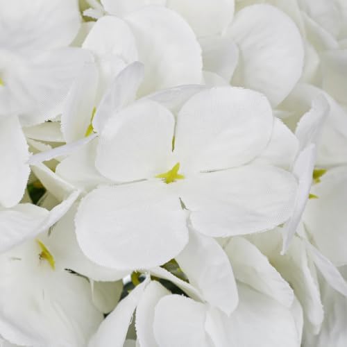 Hollyone White Hydrangea Artificial Flowers in Vase Medium 7inch Silk Fake Hydrangeas Flowers Arrangements with Medium Glass Vase with Faux Water for Home Office Wedding Table Centerpiece Decorations