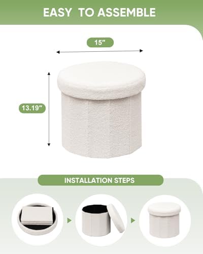 B FSOBEIIALEO Storage Ottoman Cube, Round Ottoman with Storage, Cream White