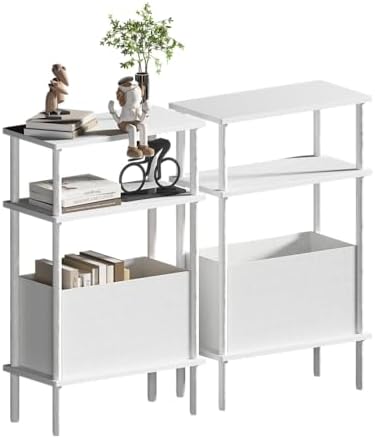 Narrow Side Table with Fabric Basket, Set of 2 End Table for Small Spaces, Slim Nightstand with 3-Tier Storage Shelf, Sofa Beside Table, for Living Room, Bed Room, Natrual White