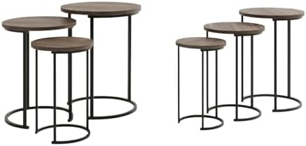 Lavish Home Round Nesting Tables Set of 6, Woodgrain-Look Top, Gray-Brown