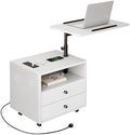 Bedroom Nightstand with Drawers & Charging Station, Adjustable Height Bedside Table with Wheels, Wooden Small Sofa Side Tables with Storage for Living Room, White