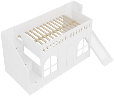 LUMISOL Twin Size Wood Loft Bed with Slide and Storage Staircase, Solid Wood Playhouse Loft Bed with Wardrobe and Window, White