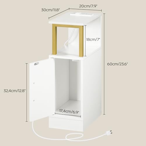 YATINEY Narrow Nightstand, Skinny Side Table with Charging Station, Bedside Table with Cabinet, Night Stand for Small Spaces, Bed Side Cabinet for Bedroom, Living Room, White and Gold ET27UDW