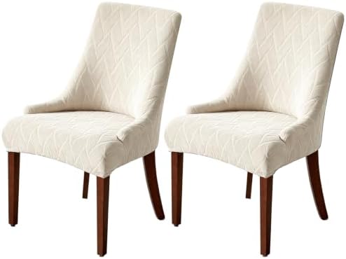 MIFXIN Wingback Side Chair Covers Dining Chair Slipcover Jacquard Stretch Sloping Armchair Protector Arm Chair Seat Cover for Dining Room Living Room Banquet Home Decor (Beige, 2 Pcs)