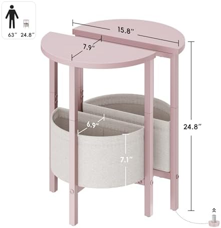 Vagusicc Small Round Side Table, Accent End Table with Storage Basket, Set of 2 Half Round Coffee Table End Table, Half Moon Bedside Table, Modern Nightstand Couch Table for Living Room Bedroom, Pink