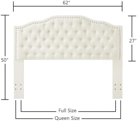 24KF Upholstered Button Tufted Queen Headboard with Nailhead Trim, Elegant Boucle Fabric Full headboard, 6031-Q-Boucle-Ivory