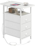 sthmec End Table with Charging Station, Side Tables Livingroom with USB Ports and Outlets,Narrow Nightstands Bedside Tables with 3 Drawers PU Finish for Small Space,Slim Sofa Table Bedroom,White