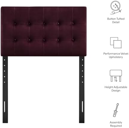 Modway Emily Twin Size Performance Velvet Headboard in Mulberry - Stain-Resistant Velvet Upholstery with Button Tufting and 7 Adjustable Height Positions