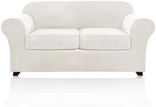 PrinceDeco Velvet Couch Cover Loveseat Covers for 2 Cushion Couch 3 Piece Sofa Covers for Dogs Washable Loveseat Covers Width Up to 72 Inch No Slip Stretch Sofa Slipcover(Medium, Porcelain)