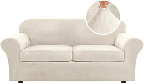 H.VERSAILTEX Real Velvet Plush 3 Piece Stretch Sofa Covers Couch Covers for 2 Cushion Couch Sofa Slipcovers Width Up to 90 Inch Feature Thick Soft Stay in Place (Large Sofa, Ivory)