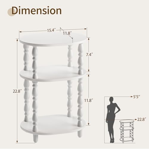 Yoobure 3-Tier Small Side Table - Oval End Table with Vintage Spindle Legs, Accent Night Stand with Storage Shelf for Narrow Spaces, Wood Nightstand Bedside Table for Living Room, Bedroom, White