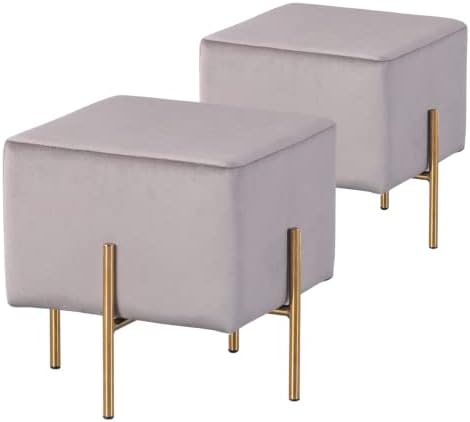 Kirpi Gray Velvet Foot Stool Set of 2, Modern Luxury Vanity Ottoman Stools with Gold Legs, Cube Accent Foot Rest for Living Room Bedroom Makeup Vanity (Gray)