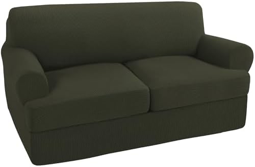 Turquoize 3 Piece T Cushion Loveseat Slipcovers Sofa Cover for 2 Cushion Couch Cover Washable Sofa Slipcover Furniture Covers with 2 Individual T Cushion Seat Covers (2 Cushion Loveseat, Olive)