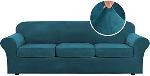 H.VERSAILTEX Velvet 4 Piece High Stretch Sofa Slipcover Cover Furniture Protector Form Fit Luxury Thick Velvet Extra Large Sofa Cover for 3 Cushion Couch Width Up to 105 Inch (XL Sofa, Deep Teal)