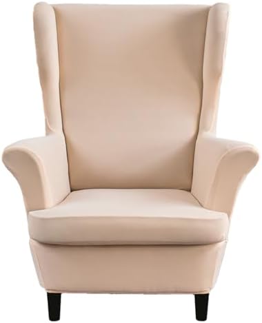 Wingback Chair Slipcover 2 Piece Stretch Armchair Cover Furniture Protector Washable Spandex Wing Beige Chair Covers for Living Room