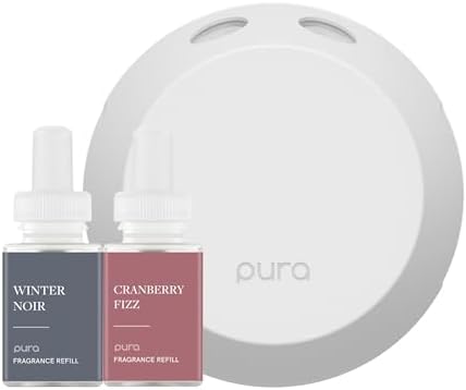 Pura Home Fragrance Device Starter Set - Pura 4 - Scent Diffuser for Home - Includes Fragrance Aroma Diffuser - Square Box, Winter Noir and Cranberry Fizz Scent Refills