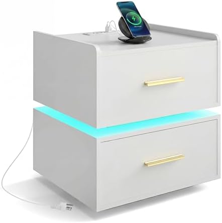 GIANTEX LED Night Stand with Charging Station, Semi-Floating Bedside Table w/2 Storage Drawers, USB & Type-C Ports, Modern Couch End Sofa Side Table for Bedroom Small Spaces (White,1)