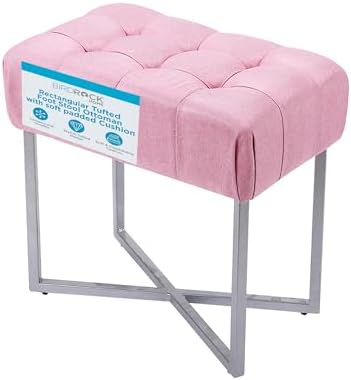 BIRDROCK HOME Rectangle Tufted Linen Ottoman Foot Rest - 19.7x11.82x17.73” Small Foot Stool with Legs - Padded Footrest Modern Ottomans for Living Room Furniture, Bedroom Footstool (Pink)