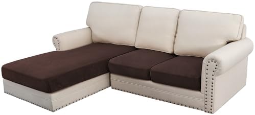 H.VERSAILTEX Velvet Stretch Sectional Couch Covers - 3 Piece L Shape Separate Cushion Set for Large 2 Seater + 1 Chaise, Brown Striped