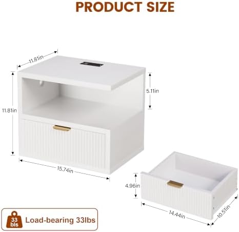 Homeiju Floating Nightstand with Charging Station, LED Lights and Drawer