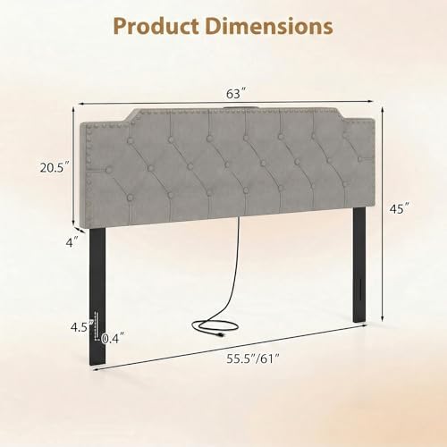 GIANTEX Headboard with Charging Station, Queen/Full Size Rivet Tufted Upholstered Head Board w/2 AC Outlets, USB & Type-C Ports, Rubber Wood Legs, Width Adjustable Modern Bed Headboard Only (Grey)