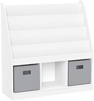 RiverRidge Kids Bookrack with Three Cubbies and 2 Gray Bins