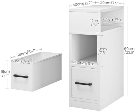 CHOEZON Narrow Side Table, 7.9" Small Nightstand with Drawer, Skinny Bedside Table, for Small Spaces, Flexible Open Compartment, for Bedroom, Living Room, White MBZ11WB